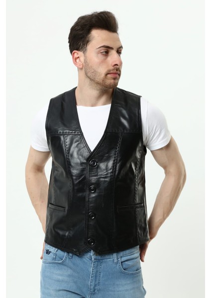 Hakiki Erkek Deri Yelek Puntolu Tarz Yelek Baba