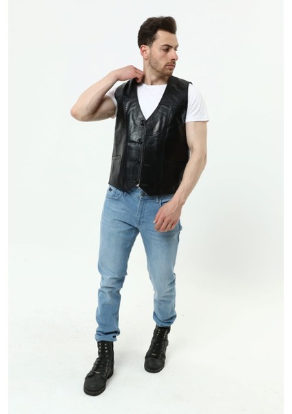 Hakiki Erkek Deri Yelek Puntolu Tarz Yelek Baba