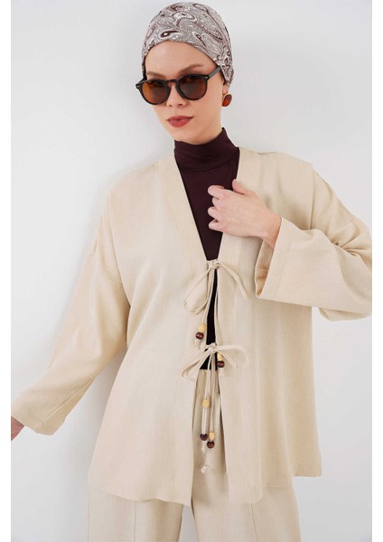 Kadın Keten Kimono Ikili Takım Krem