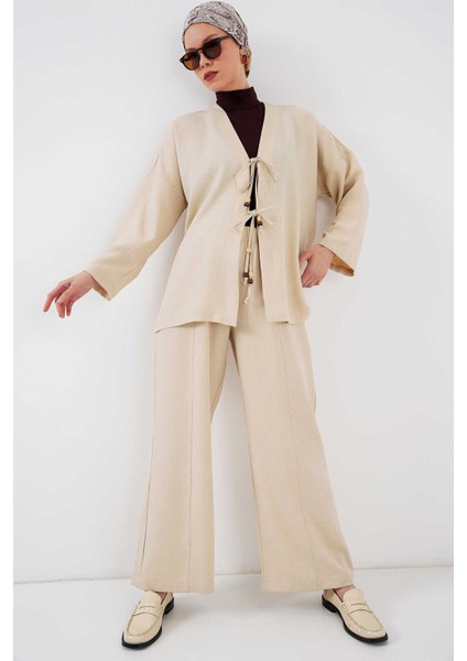 Kadın Keten Kimono Ikili Takım Krem modelleri