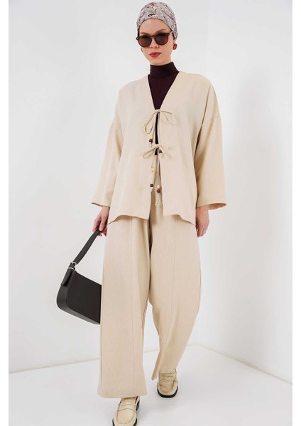 Kadın Keten Kimono Ikili Takım Krem fırsatları