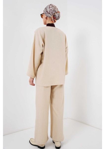 Kadın Keten Kimono Ikili Takım Krem