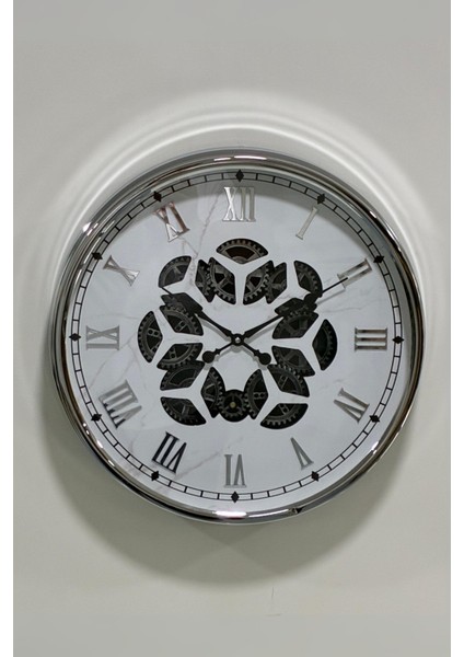 Dekoratif Çarklı Duvar Saati, Modern Roma Rakamı Duvar Saati Silver 45cm Çap (CON-4506) modelleri