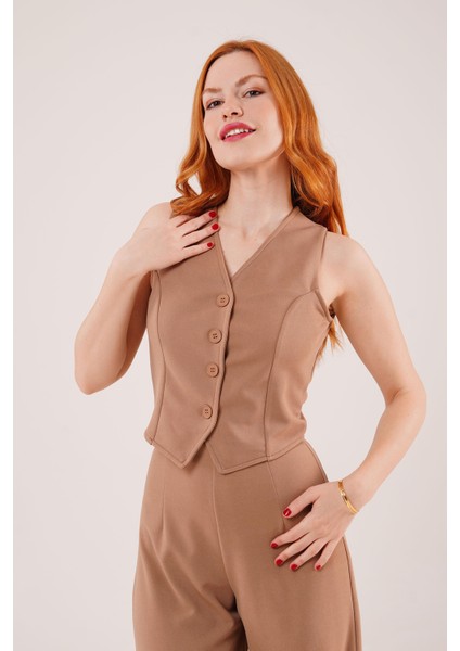 Runiquehome Önü Düğmeli Camel Yelek