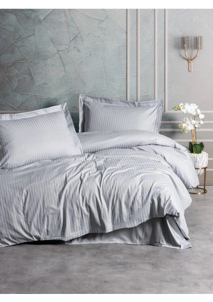 Stripe Elegant Gri Çift Kişilik Saten Nevresim Takımı