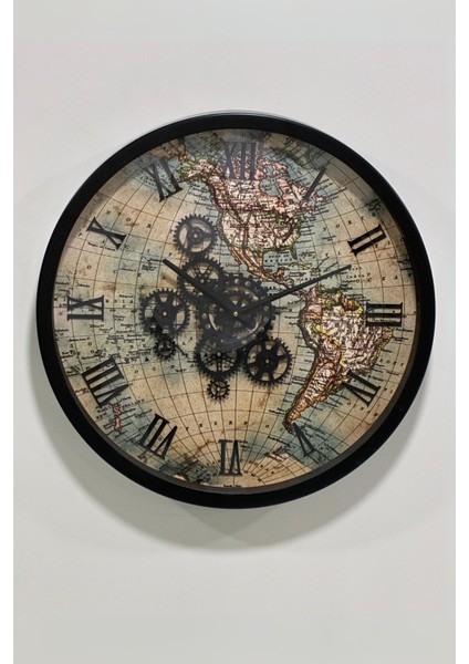 Çarklı Duvar Saati, Modern Dünya Haritası Desenli Roma Rakamı Duvar Saati 60cm Çap (CON-6002) fırsatları