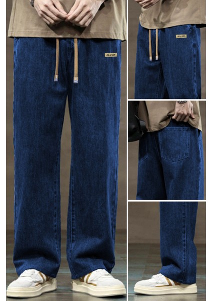 Erkek Lacivert Baggy Beli Lastikli Likralı Düz Paça Bol Kesim Rahat Denim Jean Pantolon RF0480