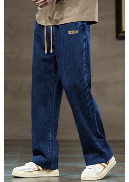 Erkek Lacivert Baggy Beli Lastikli Likralı Düz Paça Bol Kesim Rahat Denim Jean Pantolon RF0480 modelleri
