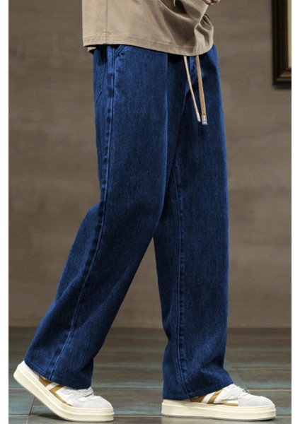 Erkek Lacivert Baggy Beli Lastikli Likralı Düz Paça Bol Kesim Rahat Denim Jean Pantolon RF0480 fırsatları