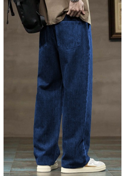 Erkek Lacivert Baggy Beli Lastikli Likralı Düz Paça Bol Kesim Rahat Denim Jean Pantolon RF0480 indirimleri