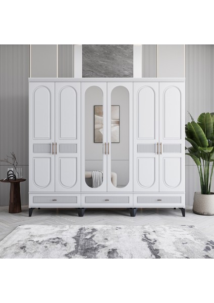 Libra 6 Kapaklı Çekmeceli Gardırop Tamamı Mdf (Beyaz)