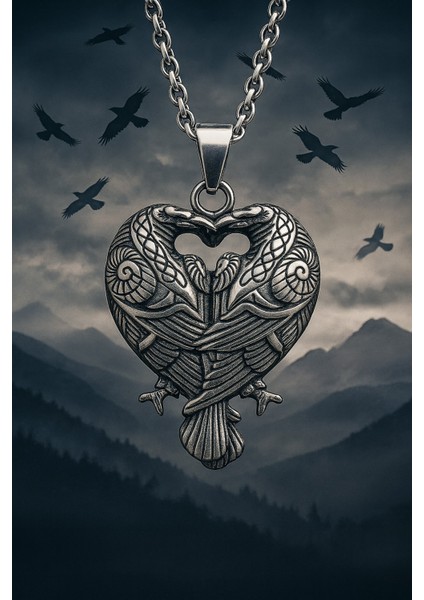 Paslanmaz Çelik Viking Mitoloji Hafıza ve Zeka Simgesi Raven Kuzgun Viking Kolye
