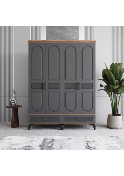 Libra 4 Kapaklı Çekmeceli Gardırop Tamamı Mdf (Antrasit)