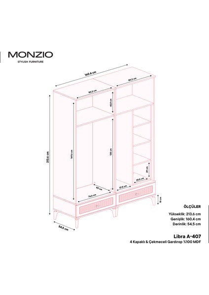 Libra 4 Kapaklı Çekmeceli Gardırop Tamamı Mdf (Antrasit) fırsatları