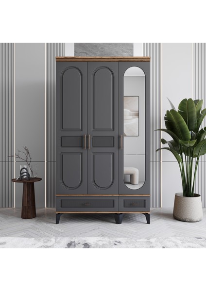 Libra 3 Kapaklı Çekmeceli Gardırop Tamamı Mdf (Antrasit)