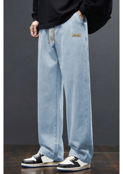Erkek Açık Mavi Baggy Beli Lastikli Likralı Düz Paça Bol Kesim Rahat Denim Jean Pantolon RF0480