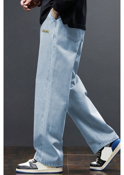 Erkek Açık Mavi Baggy Beli Lastikli Likralı Düz Paça Bol Kesim Rahat Denim Jean Pantolon RF0480 fiyatları