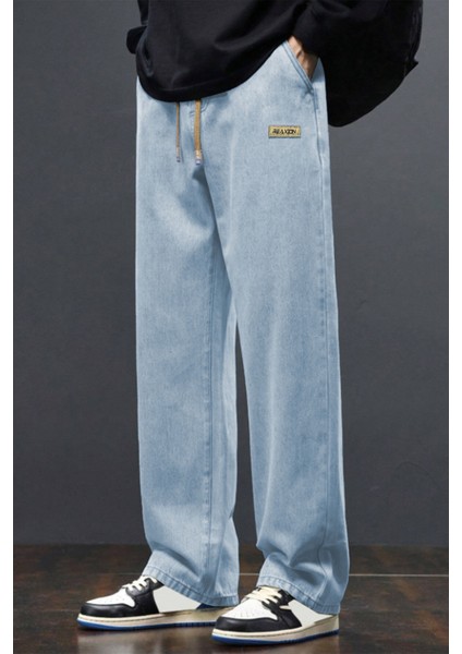 Erkek Açık Mavi Baggy Beli Lastikli Likralı Düz Paça Bol Kesim Rahat Denim Jean Pantolon RF0480 modelleri