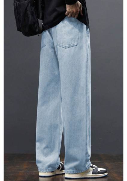 Erkek Açık Mavi Baggy Beli Lastikli Likralı Düz Paça Bol Kesim Rahat Denim Jean Pantolon RF0480 indirimleri