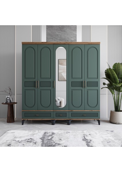 Libra 5 Kapaklı Çekmeceli Gardırop Tamamı Mdf (Yeşil)