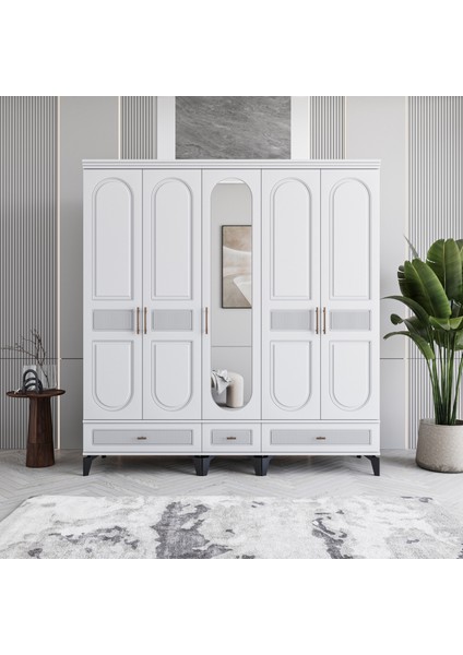 Libra 5 Kapaklı Çekmeceli Gardırop Tamamı Mdf (Beyaz)