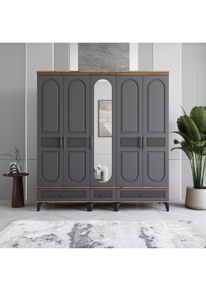 Libra 5 Kapaklı Çekmeceli Gardırop Tamamı Mdf (Antrasit)