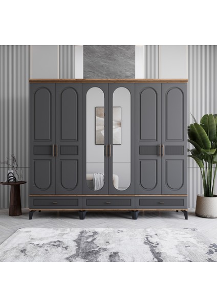 Libra 6 Kapaklı Çekmeceli Gardırop Tamamı Mdf (Antrasit)