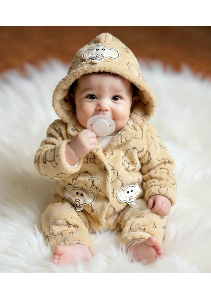 Yenidoğan Unisex Bebek Sevimli Fil Içi Polarlı Welsoft Peluş Astronot Kapüşonlu Tulum