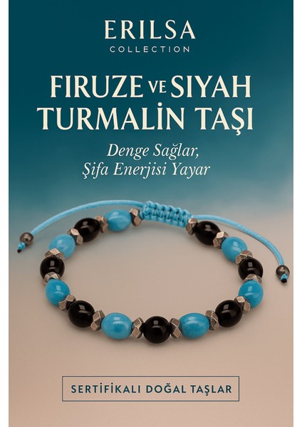 Sertifikalı Firuze ve Siyah Turmalin Taşı Bileklik - Denge Sağlayan Şifa Enerjili Takı