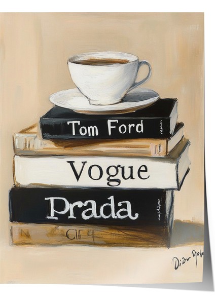 Çerçevesiz Poster, Kahve ve Kitaplar, Vogue & Prada Detaylı, Akrilik Boya Poster No: 106132