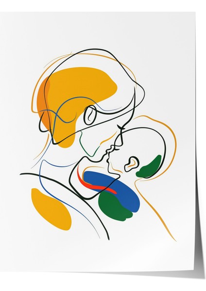 Çerçevesiz Poster, Anne ve Çocuk, Minimal Çizgi Stil, Soyut Renkli Poster No: 106582
