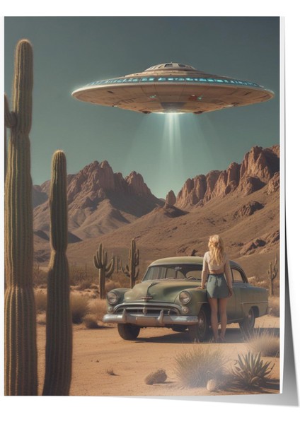 Çerçevesiz Poster, Onlar Geliyor – Kollarını Açmış Kadın ve Ufo Filosuyla Teması Poster No: 107492