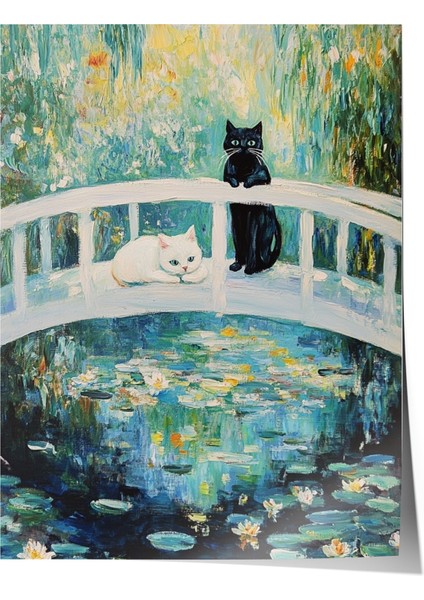 Çerçevesiz Poster, Kedi ve Monet Tarzı Köprü, Empresyonist Stil Poster No: 107413