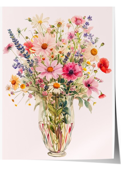 Çerçevesiz Poster, Çiçek Buketi, Renkli Bahar Çiçekleri Vazoda Poster No: 107668