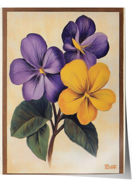 Çerçevesiz Poster, Mor Sarı Menekşe, Retro Bitki Tasarımı Poster No: 107420