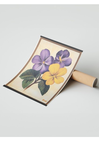 Çerçevesiz Poster, Mor Sarı Menekşe, Retro Bitki Tasarımı Poster No: 107420 modelleri