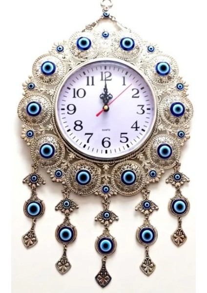 Nazar Boncuklu Gümüş Kaplama Solmaz Kararmaz Duvar Saati
