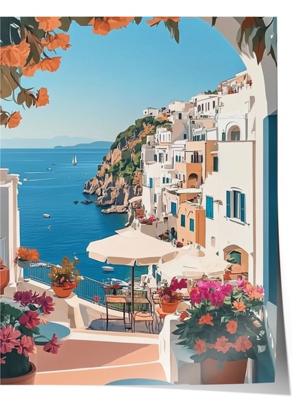 Çerçevesiz Poster, Akdeniz Manzarası, Beyaz Evler ve Deniz, Tatil Temalı Poster No: 107276