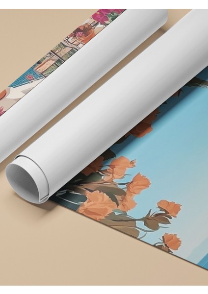 Çerçevesiz Poster, Akdeniz Manzarası, Beyaz Evler ve Deniz, Tatil Temalı Poster No: 107276 fırsatları