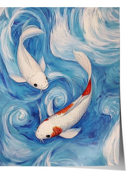 Çerçevesiz Poster, Koi Balıkları, Mavi Dalgalar, Japon Stil Poster No: 107335