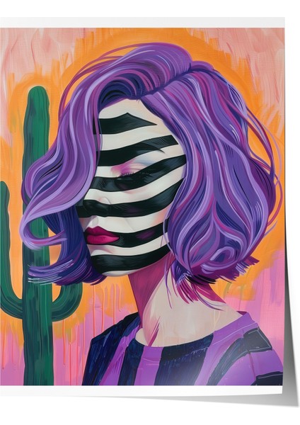 Çerçevesiz Poster, Kadın Portresi, Mor Saçlar ve Zikzak Yüz, Soyut Stil Poster No: 106586