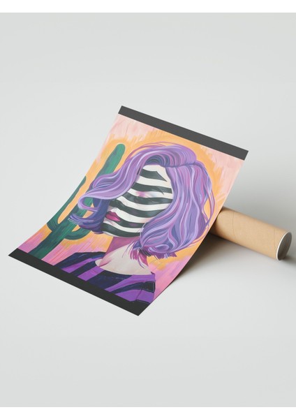 Çerçevesiz Poster, Kadın Portresi, Mor Saçlar ve Zikzak Yüz, Soyut Stil Poster No: 106586 modelleri