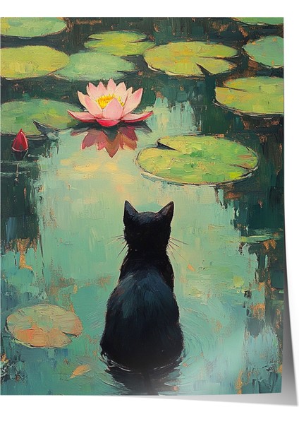 Çerçevesiz Poster, Nilüfer Yaprağında Oturan Kedi, Yansımalı Su Poster No: 107358