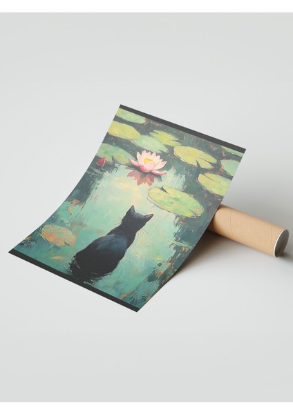 Çerçevesiz Poster, Nilüfer Yaprağında Oturan Kedi, Yansımalı Su Poster No: 107358 modelleri