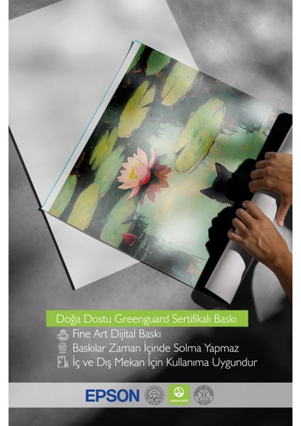 Çerçevesiz Poster, Nilüfer Yaprağında Oturan Kedi, Yansımalı Su Poster No: 107358 indirimleri