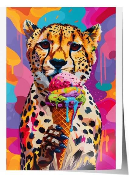 Çerçevesiz Poster, Leopar, Dondurma ve Renkli Arka Plan, Pop Art Tarzı Poster No: 106556
