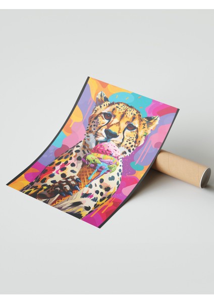 Çerçevesiz Poster, Leopar, Dondurma ve Renkli Arka Plan, Pop Art Tarzı Poster No: 106556 modelleri