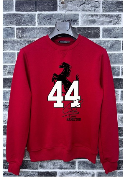 Kapüşonsuz Lew Hamiltn 44 Baskılı Pamuklu Bisiklet Yaka Sweatshirt