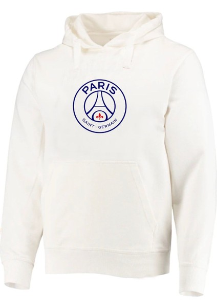 Psg Paris Saint Germain Büyük Baskılı Erkek Ekru Sweatshirt Kapşonlu Pamuk 3 Iplik