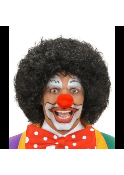 Siyah Kıvırcık Afro Peruk ve Kırmızı Sünger Burun Seti